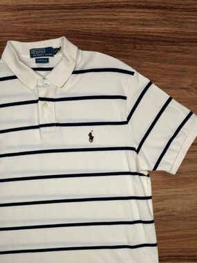 Polo Ralph Lauren Men’s Cream/Blue Stripes 100% Cotton Polo. Custom Fit. Large